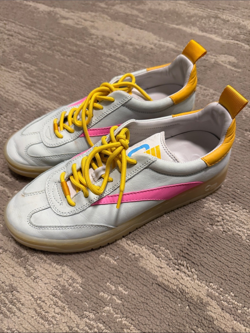 White Sneakers with Pink Side Stripe and Yellow Accents